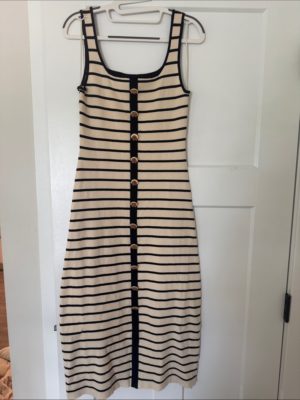 Able Beige and Black Striped Button-Front Midi Dress